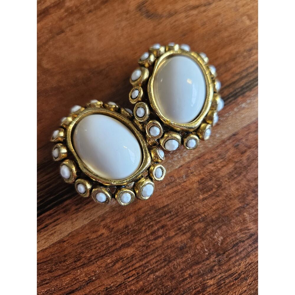 Vintage Gold Tone Clip-On Statement Earrings White Cabochon Halo Cluster Beads